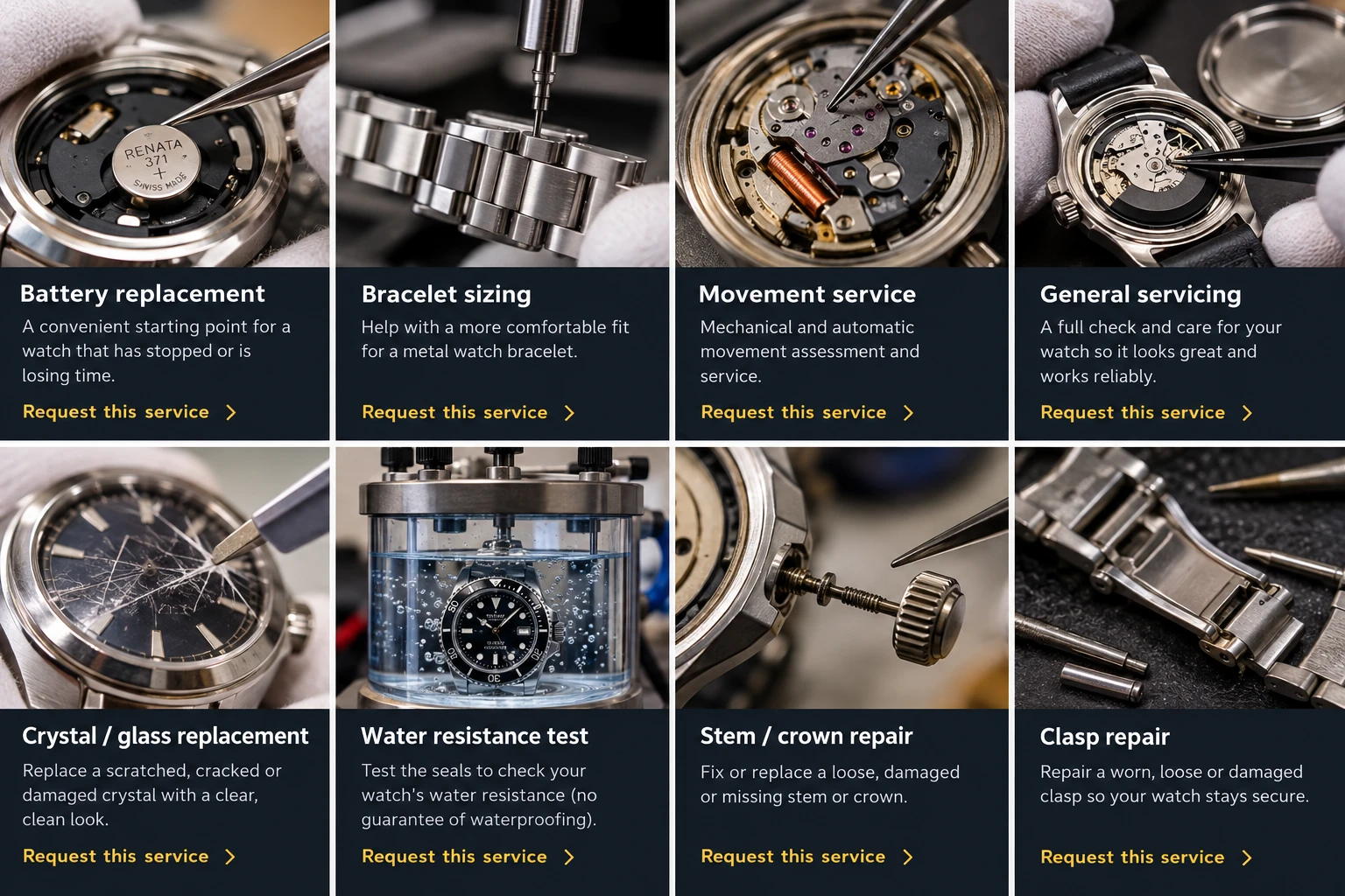 Watch repair services: battery replacement, bracelet sizing, movement service, general servicing, crystal and glass replacement, water resistance testing, stem and crown repair, and clasp repair.